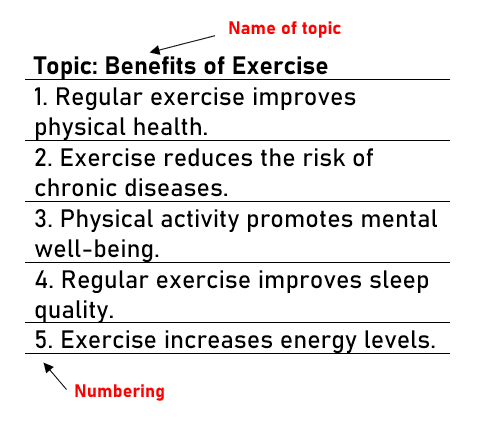 An example of sentence notes for the topic 'Benefits of Exercise'. 5 sentences describe the benefits with a numbered list.