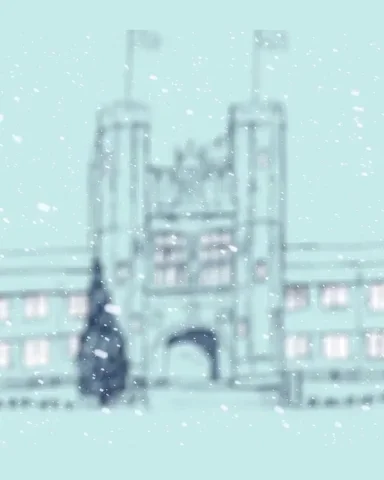 An animated drawing of a classic looking college campus coming into focus.