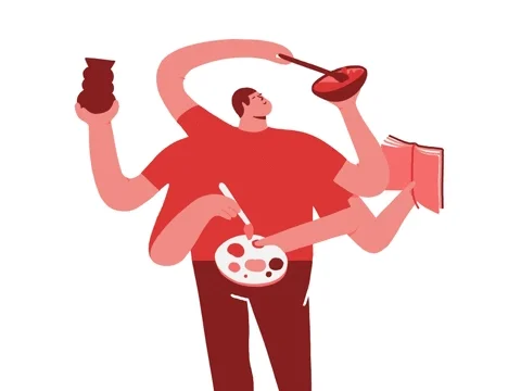 GIF of a man with six arms, each holding an item related to a hobby.
