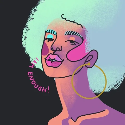 A woman smiles. The text reads: "I am enough!"