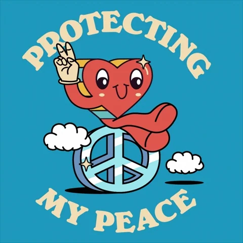 An animated heart on top of a peace sign. The text reads: