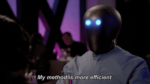 A robot saying, 'My method is more efficient.'