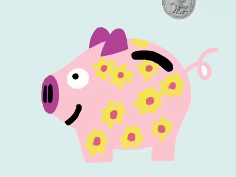 Piggy bank GIF with coins inserted in it 