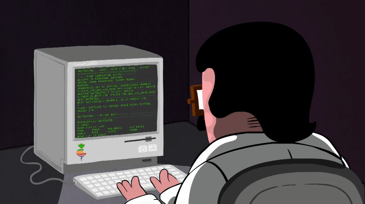 Bob's Burgers character typing code on a computer.