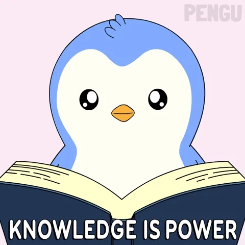A little penguin is learning. He flips pages of a book. Text says knowledge is power. 