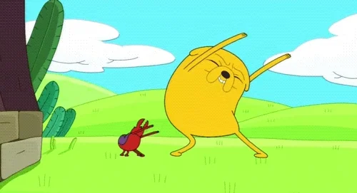 Jake from Adventure Time dancing next to a bug