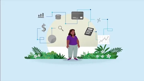 An animation depicting a female financial planner giving advice.