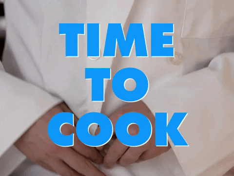 GIF that reads 'time to cook', with a person putting on a chef's hat and buttoning their apron.