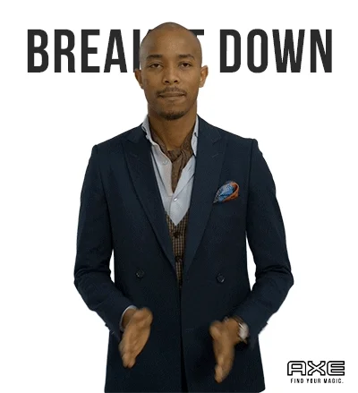 A man in suit dancing with background words saying 'break it down'.