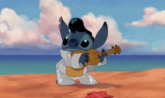 Stitch from 'Lilo and Stitch' is playing the ukulele. 