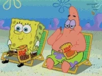Spongebob and Patrick Star Fish sitting engaged watching something and snacking. 