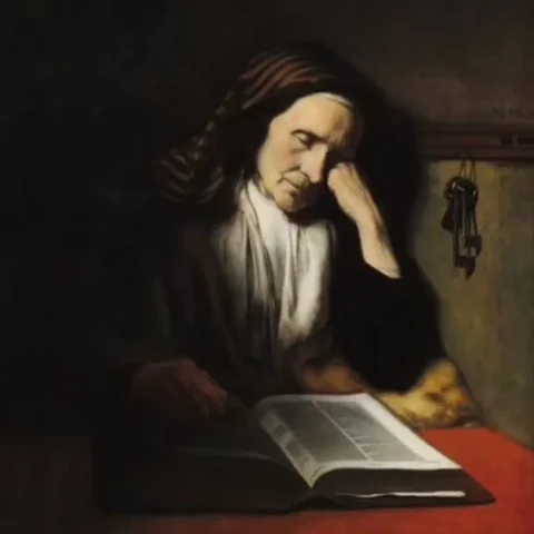 An animate painting of an elderly woman falling asleep while reading a book.