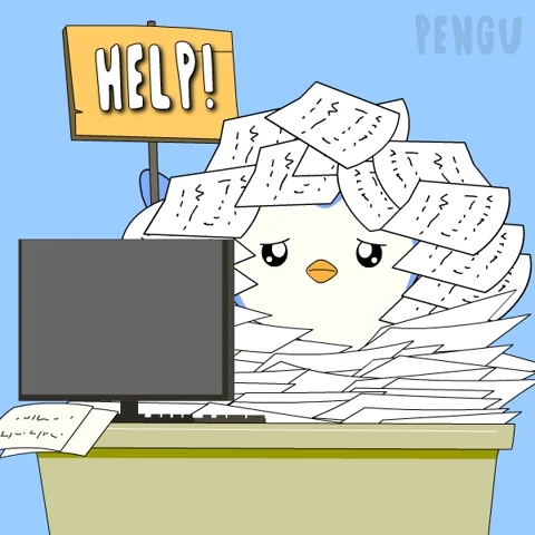 A cartoon bird trapped under a lot of papers holding a 