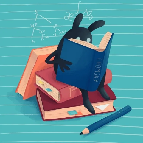 A cartoon character reads a Noam Chomsky book.