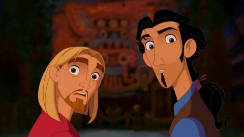Animation of two men looking forward then at each other and back, nodding, saying: "Both? Both. Both. Both is good." 