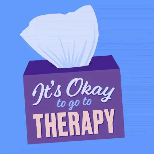 A purple tissue box gently sways with text that reads, 'It's okay to go to therapy.'