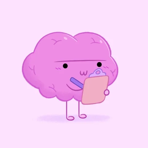 A cartoon brain holds a pencil to their chin in thought then writes on a clipboard