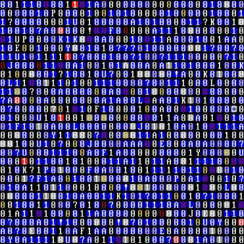Rows of ones and zeros moving on a screen, symbolizing automatic data processing.