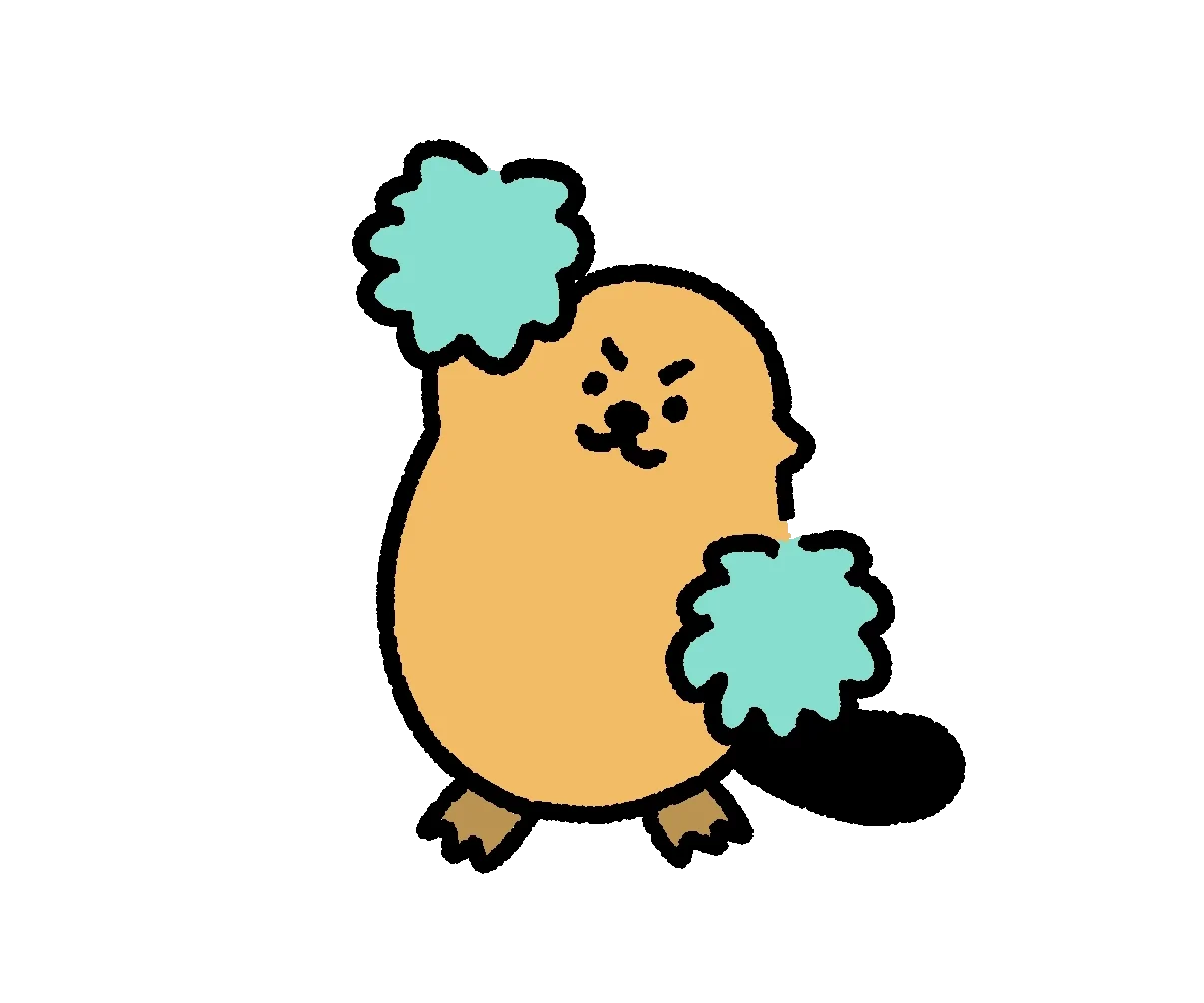 An animated beaver waving pom poms.