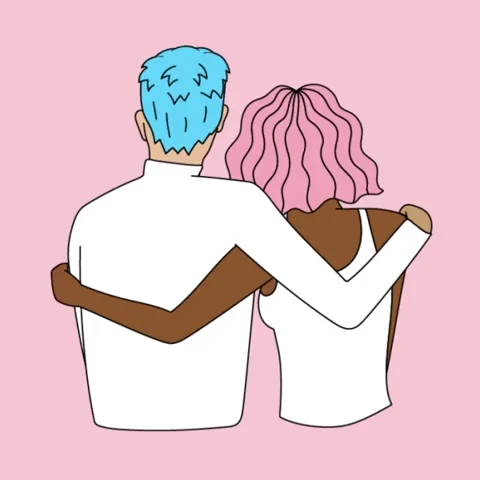 People in trans colors side-hugging each other