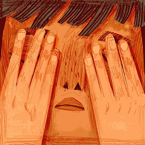 A person's face as they look nervously side to side then cover their eyes.