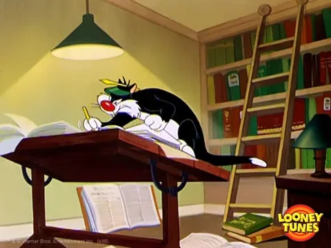 Sylvester the Cat from Looney Tunes stands over a large drafting table, holding a pencil, and intensely drawing a blueprint.