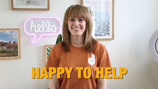 A woman that gives a heart sign with a text that says "happy to help"