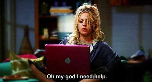 Kaley Cuoco as Penny from Big Bang Theory with messy hair and a laptop saying, 