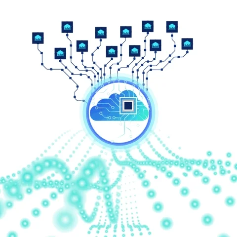Technology network animation with a cloud in the middle