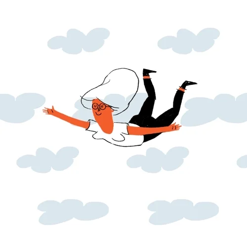 A woman tumbles toward the cliff and then soars into the air with clouds.