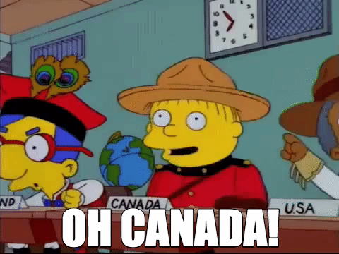 Ralph, a Simpsons character, stands in a mountie uniform and says 'Oh Canada'