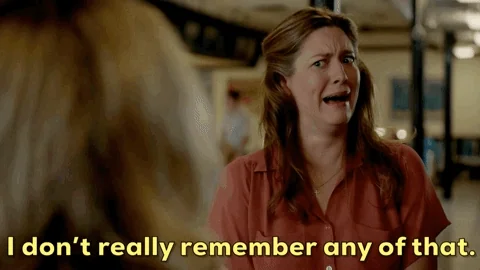A woman saying, "I don't really remember any of that."