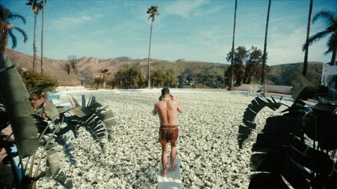 Man diving into a pool filled with cash. Palm trees surround the pool.