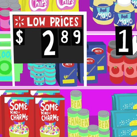 An animated graphic of a shopping mall. A sign that says 'low prices, 2.89' changes to read 'high prices, 12.89'.