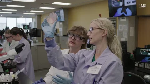 A science professor in a lab looks at a petri dish with a student.