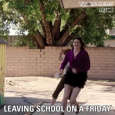 A group of teachers run quickly out of a school. The text reads: 