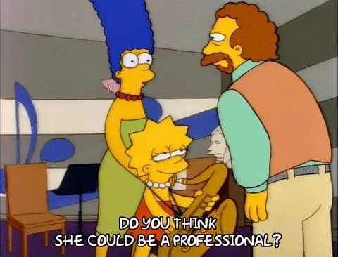 Marg Simpson asking a music teacher if Lisa Simpson (who is holding a saxophone) could one day be a professional.