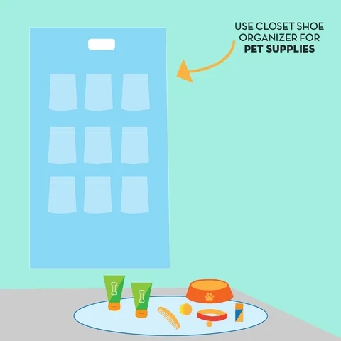 Animation of pet supplies jumping into the pockets of an over-the-door closet shoe organizer.