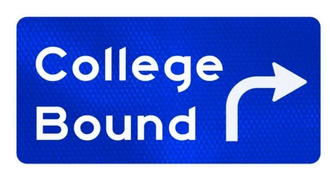 road sign college bound with traffic direction arrow