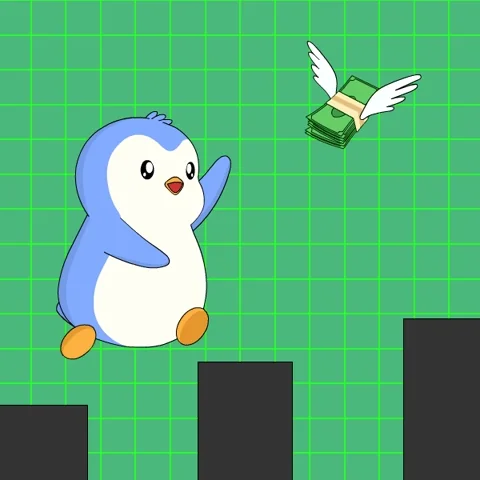 A cartoon penguin jumps across black bars and chases a stack of cash with angel wings.