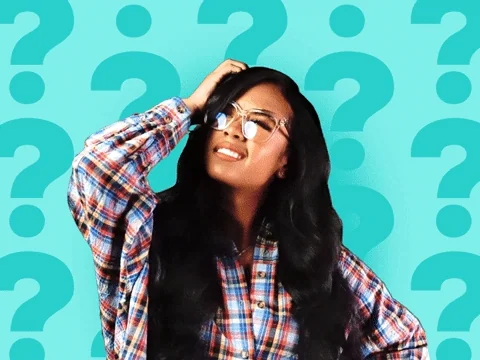A woman scratching her head against a backdrop filled with moving question marks.