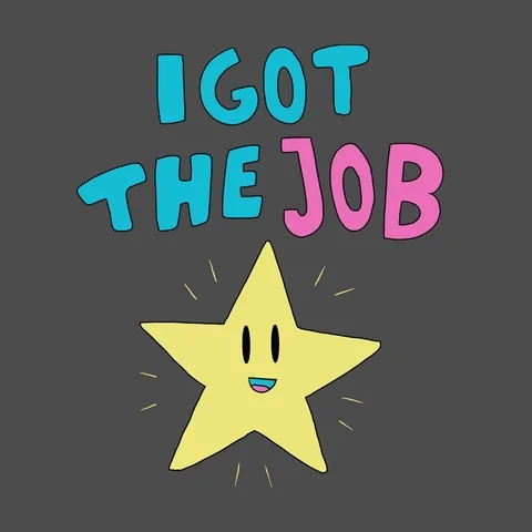 A cartoon sat smiling. The text reads, 'I got the job!'
