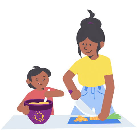 Cartoon of a child and mother preparing dinner. Child mixes food in a bowl. Mother chops a carrot.