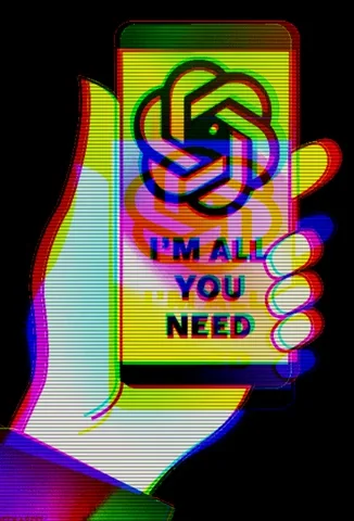 A person holds a phone. On the screen, the ChatGPT logo spins above text that reads, 