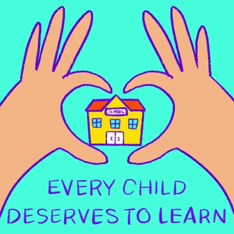 A set of hands making a heart around a school. The text reads: 