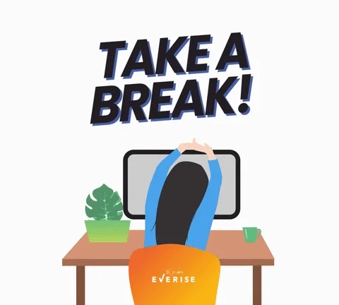 A woman stretches her arms up above her head while sitting in front of her computer. Above her are the words, 'Take a break!'