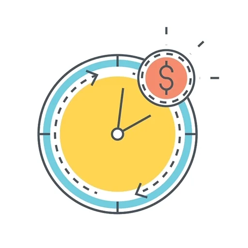A graphic depicting a moving clock. A dollar sign appears on the clock.