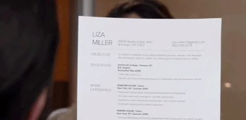 Resume displays and slides down screen revealing smiling woman in interview. 