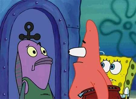 Patrick from SpongeBob SqaurePants staring at another character with bulging eyes.