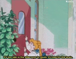 Sailor Moon crying at a red door saying 'it's too late in the afternoon to study. It's bad for the brain.'